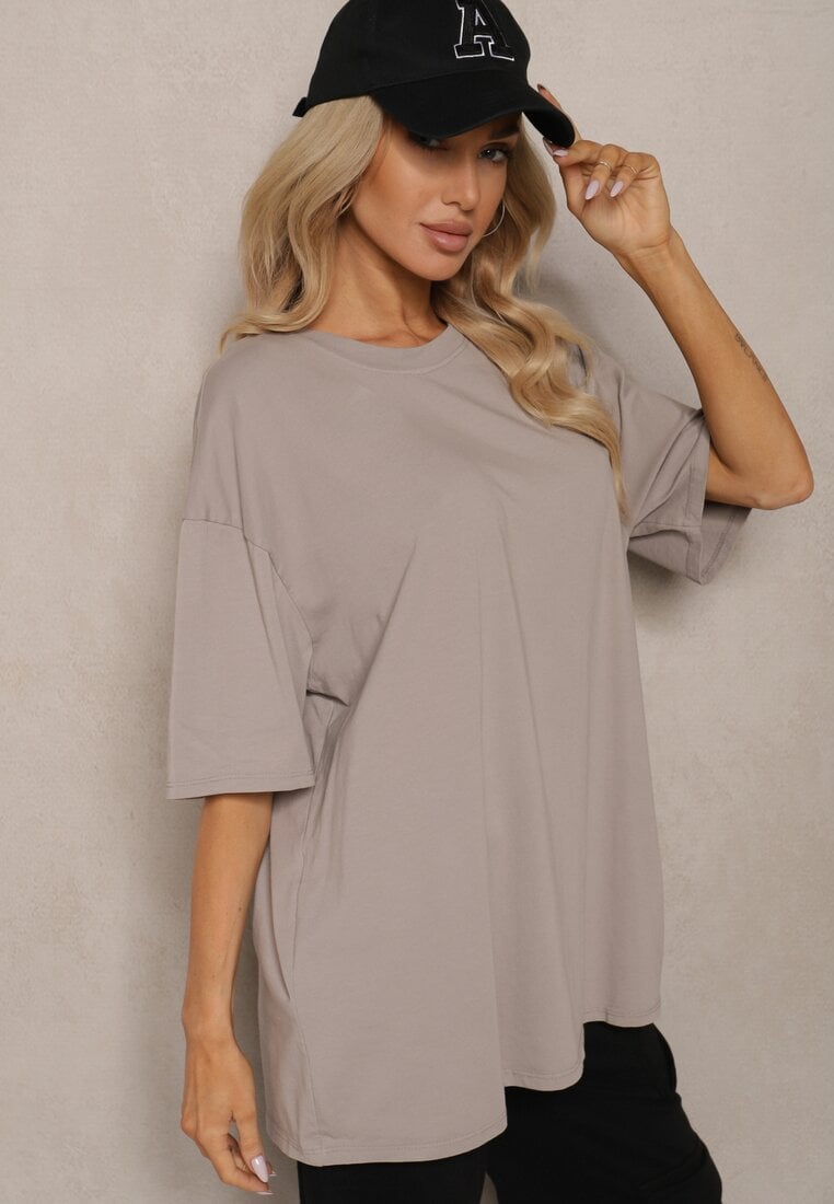 Beżowy T-shirt z Krótkim Rękawem z Bawełny Bavima