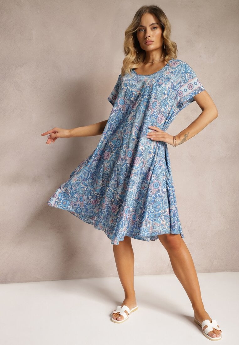 Niebieska Sukienka Boho z Wiskozy z Cienkim Paskiem w Talii Rivasea