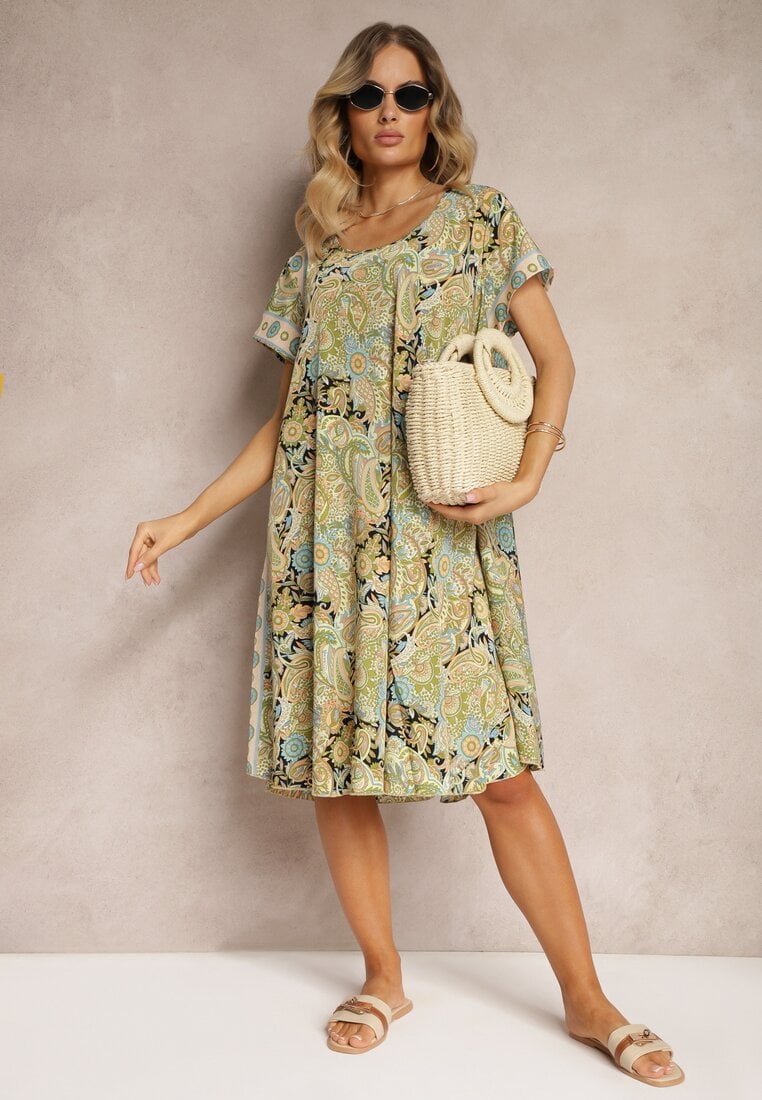 Żółta Sukienka Boho z Wiskozy z Cienkim Paskiem w Talii Rivasea