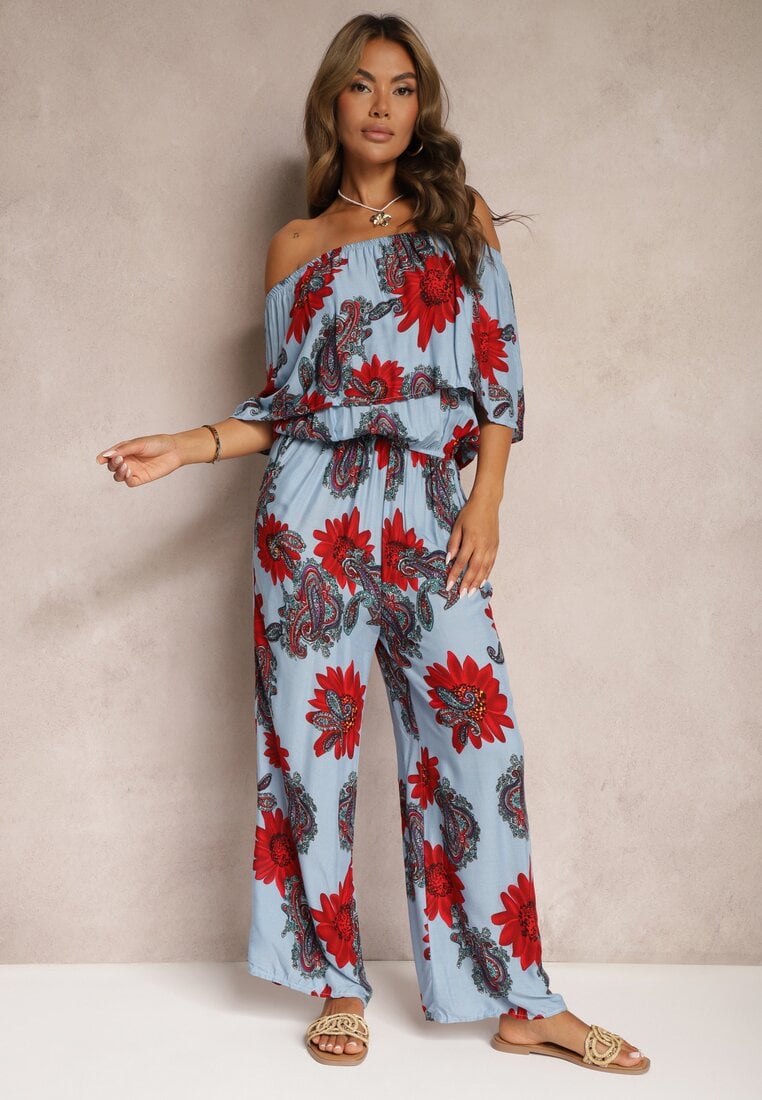 Niebiesko-Czerwony Wiskozowy Taliowany Kombinezon Ozdobiony Kwiecistym Wzorem Nelanora