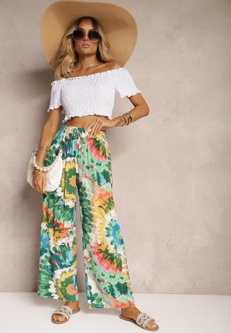 Zielone Wiskozowe Spodnie o Szerokim Kroju High Waist Tie Dye z Gumką w Talii Nalflea