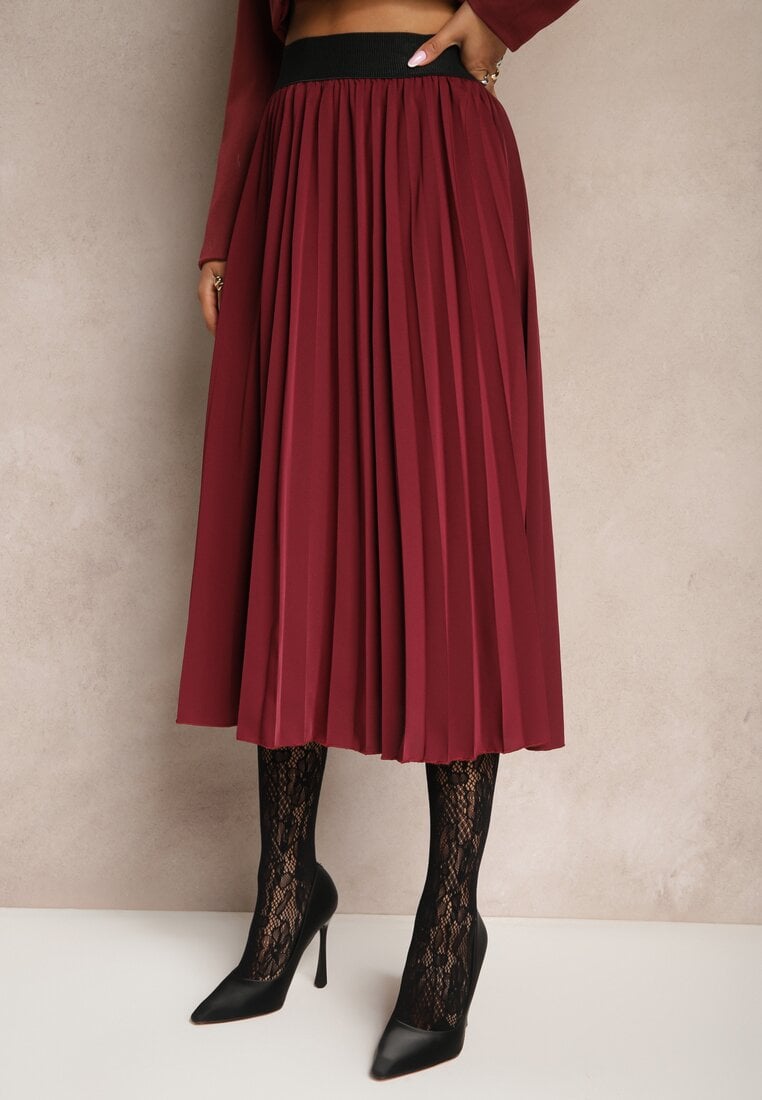 Bordowa Casualowa Spódnica Plisowana z Gumką w Pasie Velentina