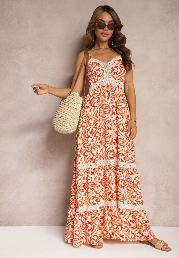 Pomarańczowa Sukienka z Bawełny na Ramiączkach z Gumką w Talii i Haftem Vikanda