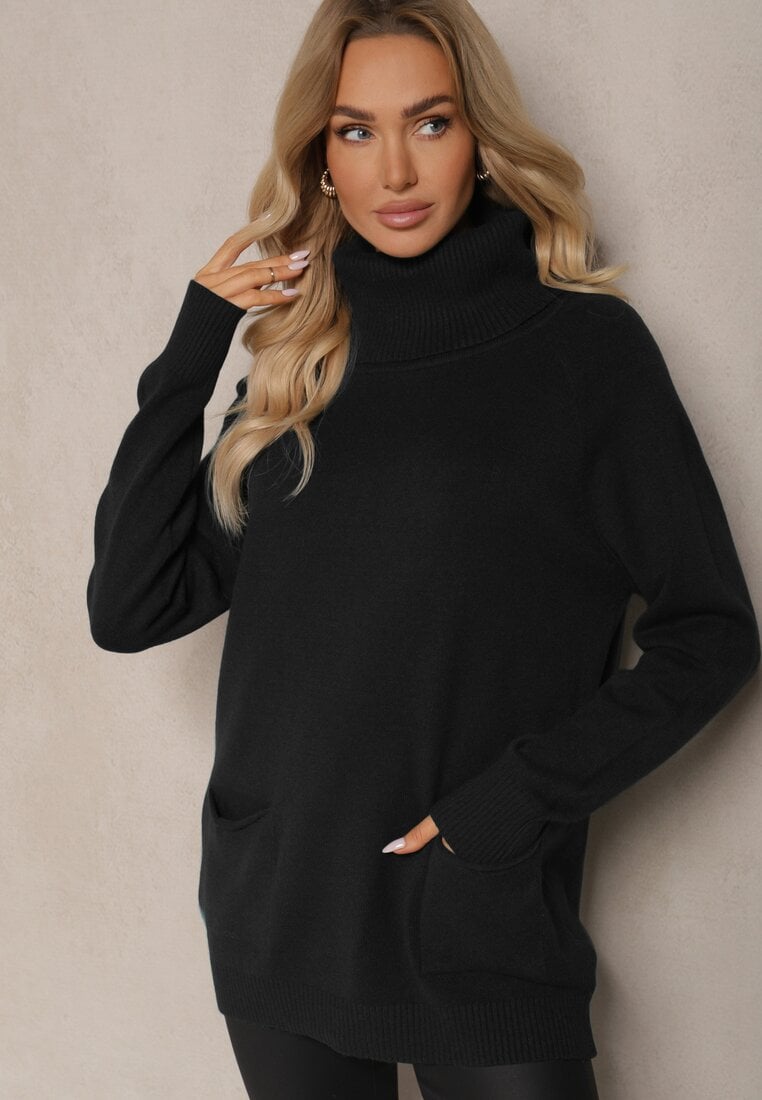 Czarny Casualowy Golf z Domieszką Wiskozy Ozdobiony Małymi Kieszeniami Viasya