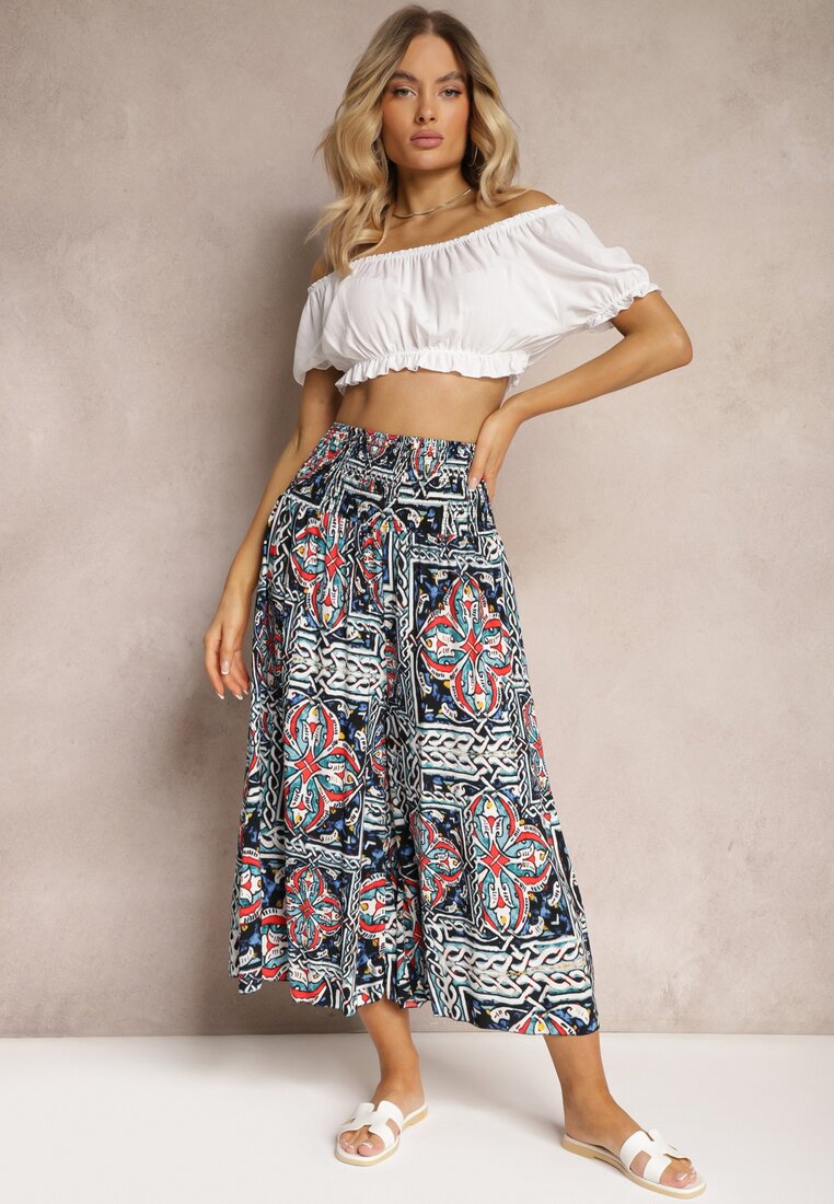 Granatowe Spodnie Kuloty z Bawełny High Waist z Gumką w Pasie Palovia