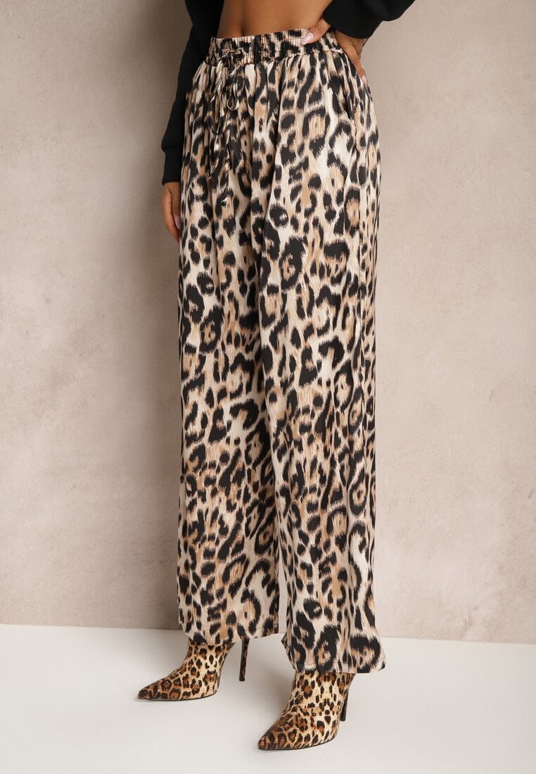 Brązowe Spodnie Typu Palazzo z Jedwabiem z Gumką w Talii o Zwierzęcym Wzorze Elanea