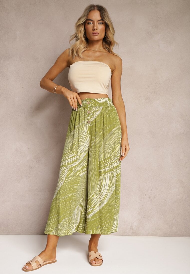 Zielone Szerokie Spodnie 7/8 High Waist z Wiskozy Wykończone Gumką w Pasie Risallni
