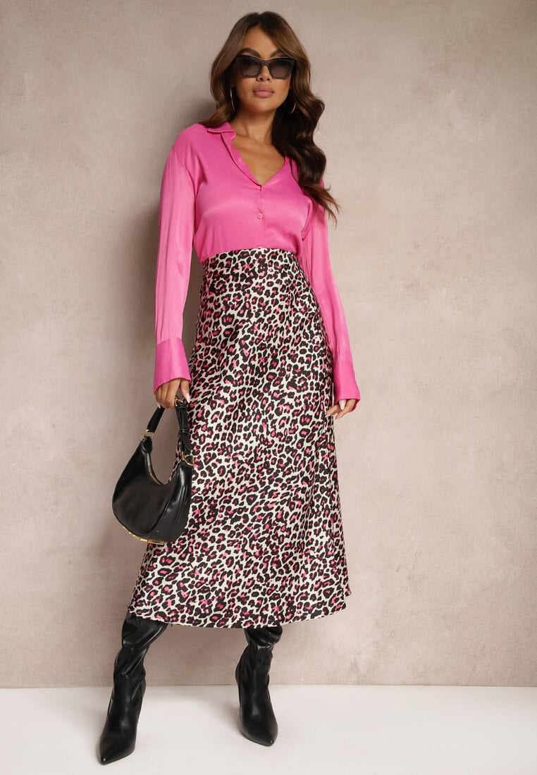 Fuksjowo-Czarna Spódnica High Waist ze Zwierzęcym Printem i Gumką w Talii Dimella