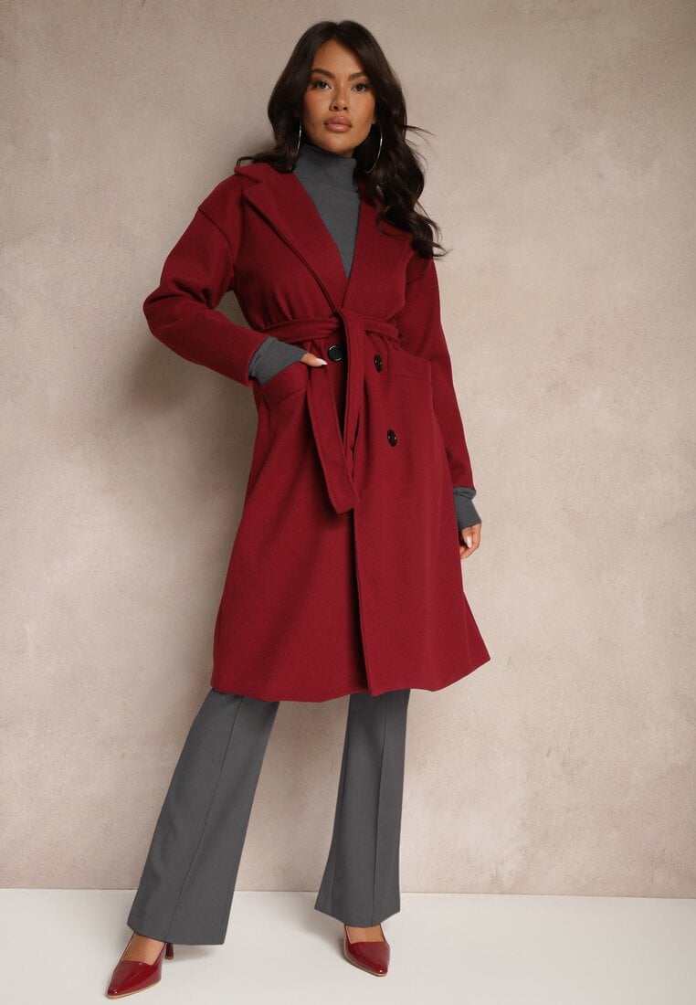 Bordowy Płaszcz Dwurzędowy Wiązany Meollie