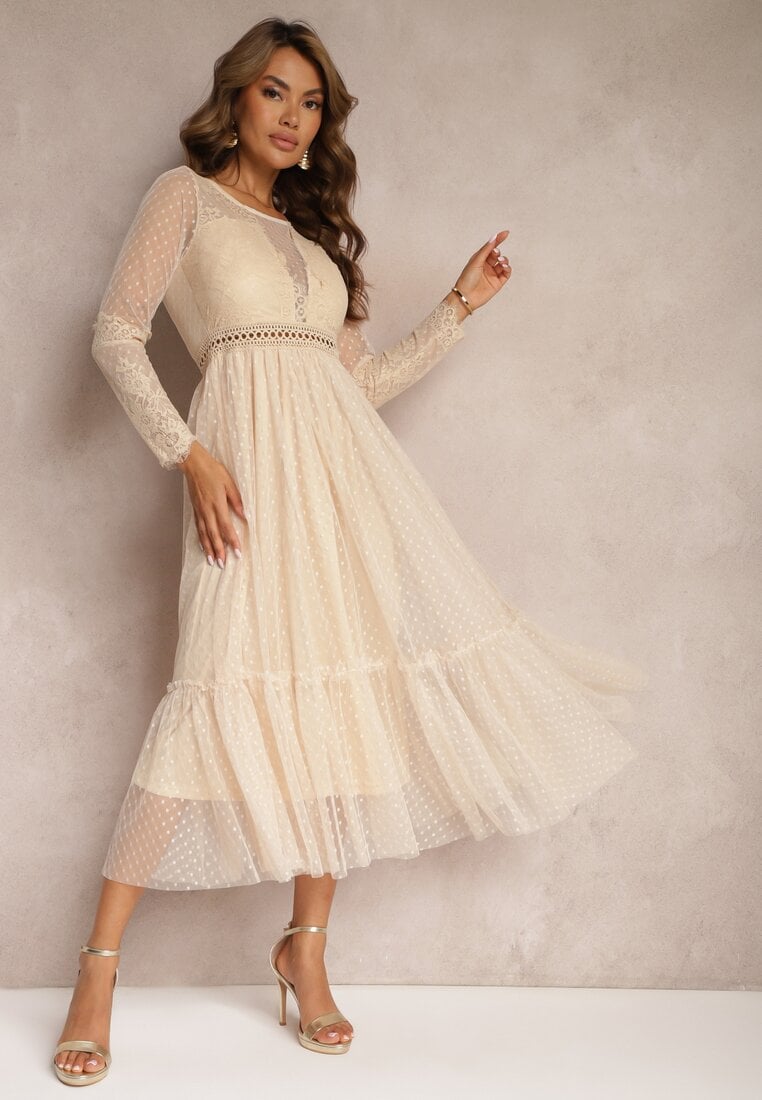 Ciemnobeżowa Rozkloszowana Sukienka Maxi z Koronkowymi Wstawkami i Tiulem Kollla