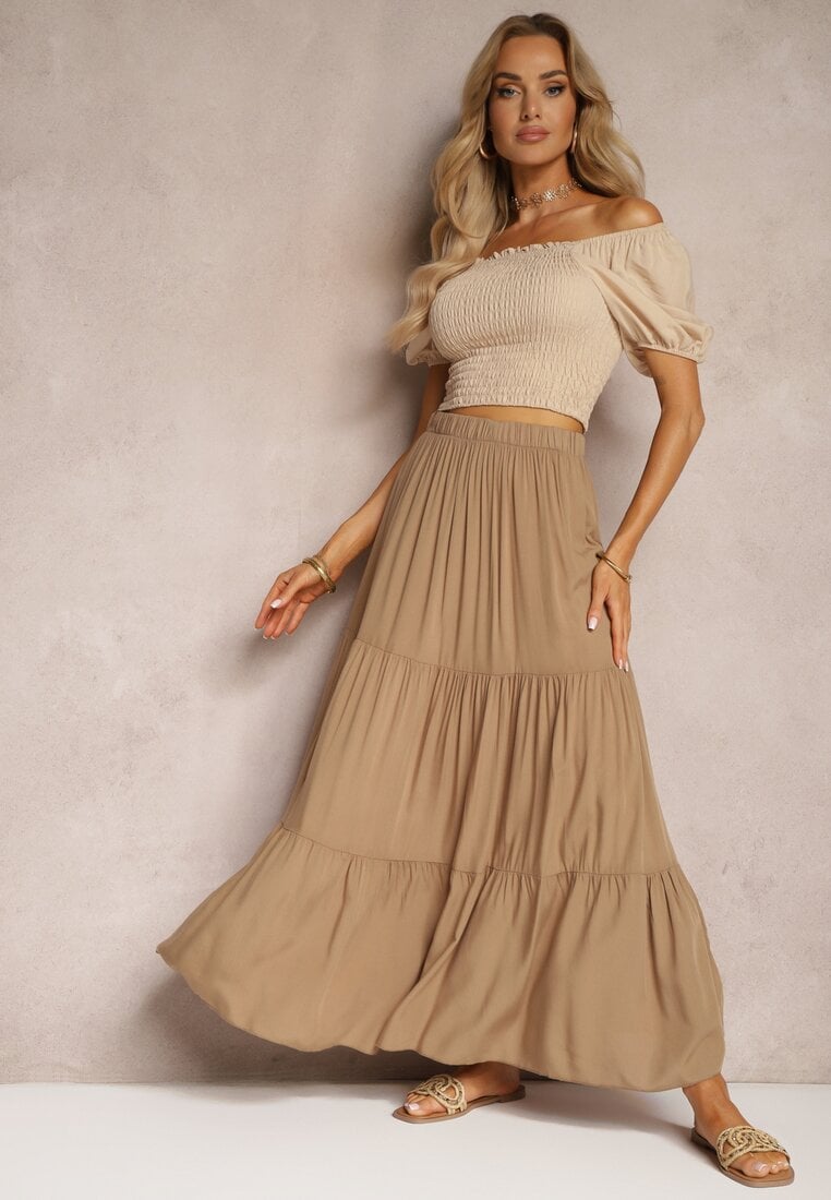 Ciemnobeżowa Wiskozowa Spódnica High Waist z Gumką w Talii i Falbanką Christiara