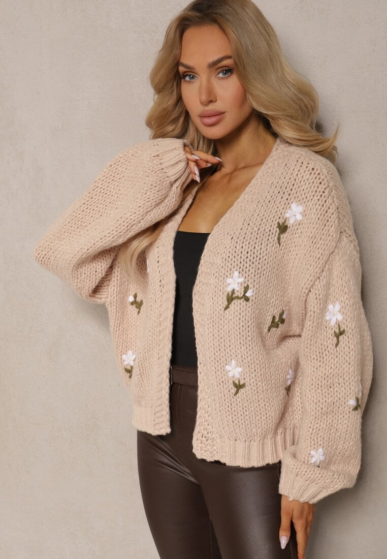 Brązowy Kardigan w Kwiatowe Aplikacje z Zapięciem na Elegancką Agrafkę Patista