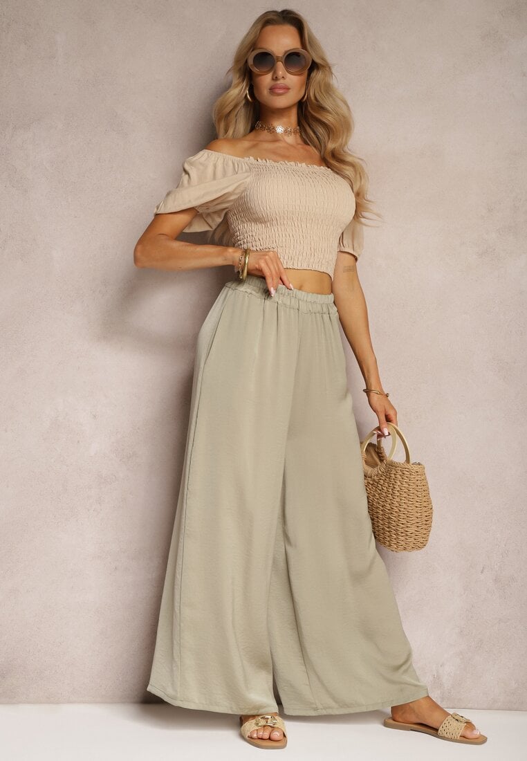 Beżowe Wiskozowe Spodnie Szerokie High Waist Rissalene