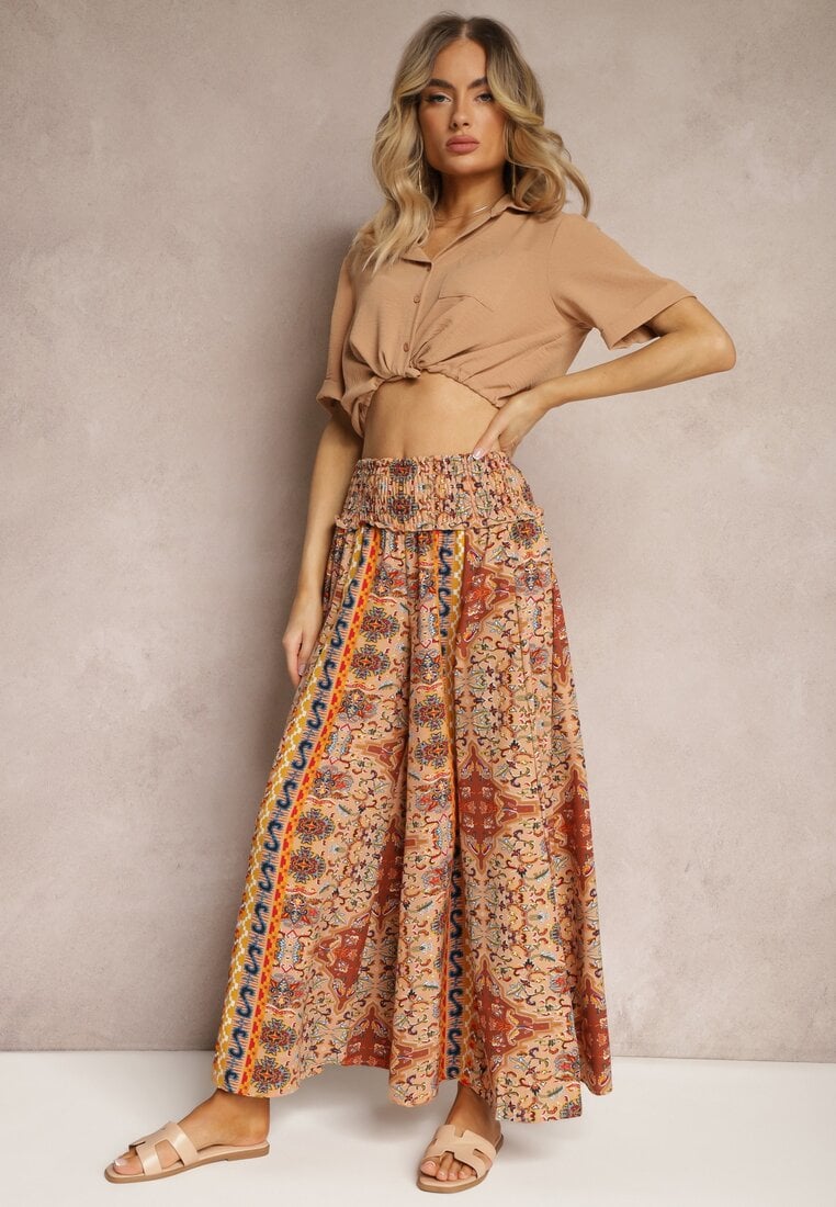 Beżowe Spodnie z Szerokimi Nogawkami Palazzo High Waist z Gumką w Talii Fiesa