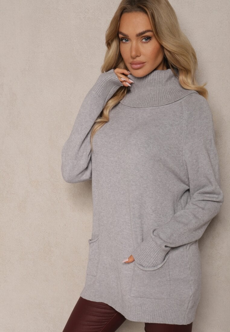 Szary Casualowy Golf z Domieszką Wiskozy Ozdobiony Małymi Kieszeniami Viasya