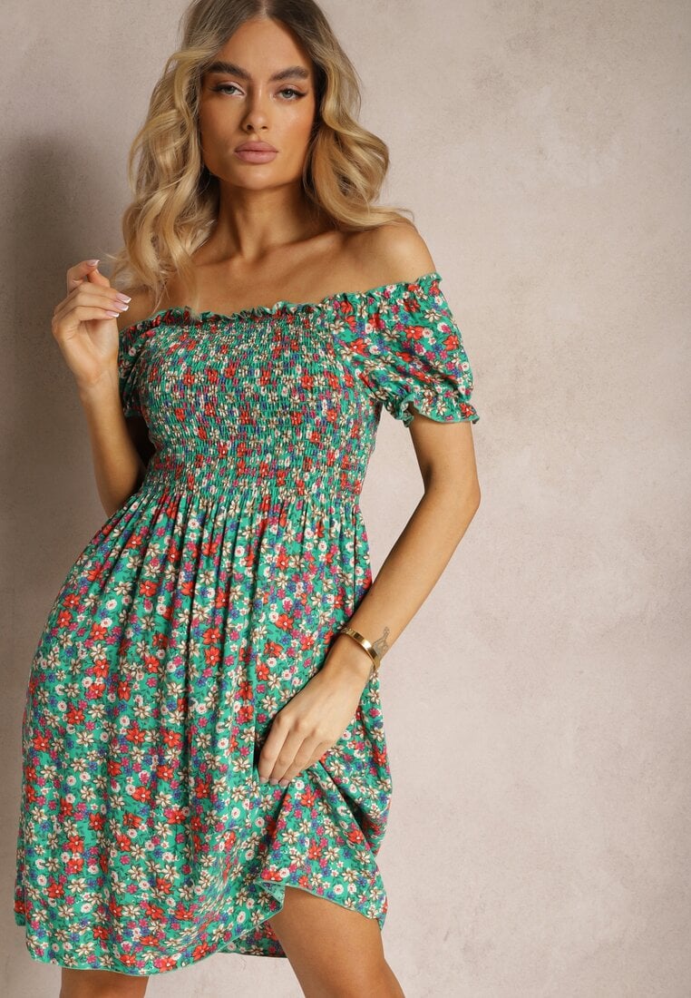 Zielona Hiszpanka Sukienka z Wiskozy w Kwiatowy Wzór z Gumką w Pasie Silemia