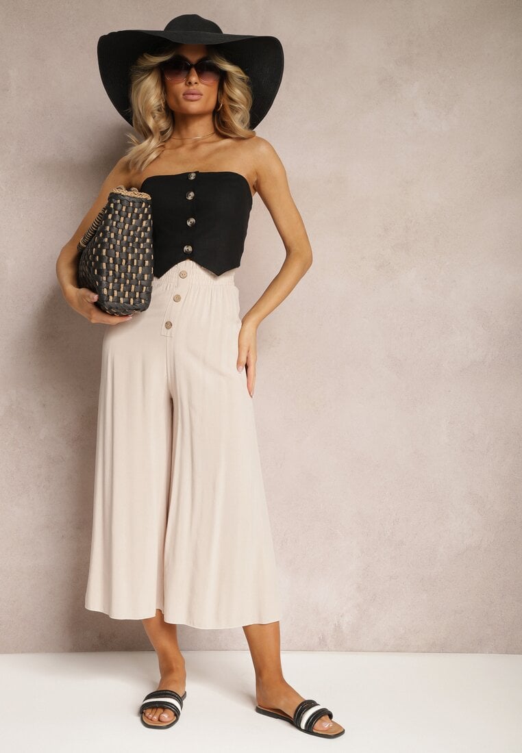 Beżowe Wiskozowe Spodnie Palazzo z Gumką w Talli Zdobione Guzikami z Nogawkami 3/4 Efinna