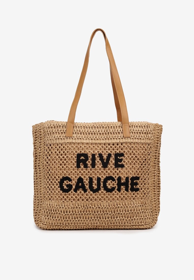 Beżowa Pleciona Torebka Boho z Naszytym Napisem Jusbia
