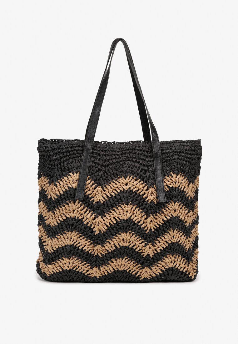 Czarno-Beżowa Torebka na Rączkach w Stylu Boho i Plecionki Torpia