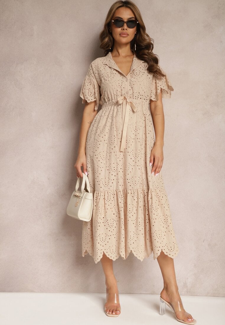 Beżowa Bawełniana Sukienka o Rozkloszowanym Kroju z Haftem z Guzikami i Gumką w Pasie Lovarae