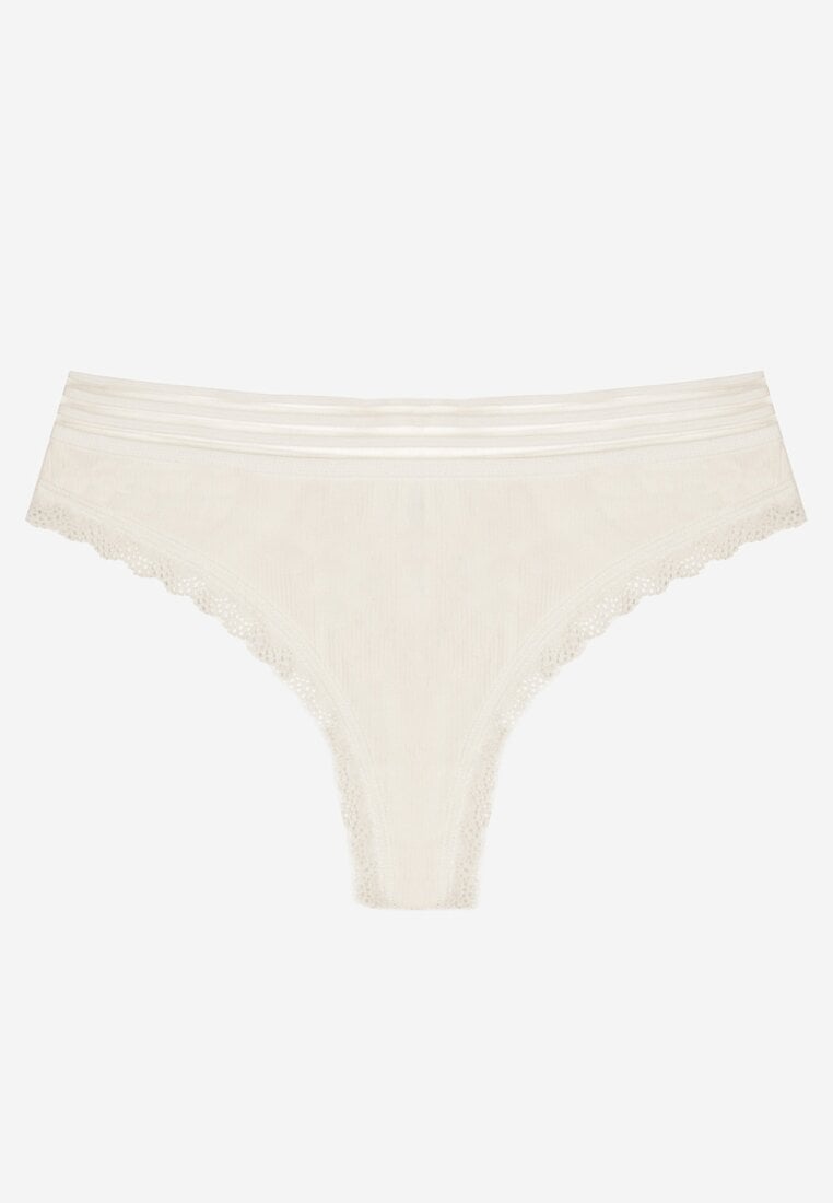 Białe Bawełniane Majtki o Kroju Stringów Ozdobione Koronką i Gumką w Paski Torllana