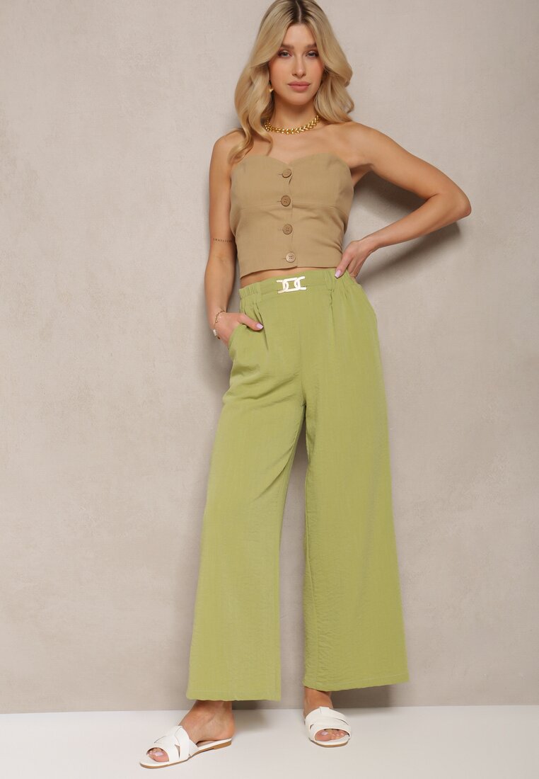 Jasnozielone Spodnie z Szerokimi Nogawkami w Stylu Palazzo High Waist z Gumką w Pasie z Ozdobnym Elementem Ellsiana