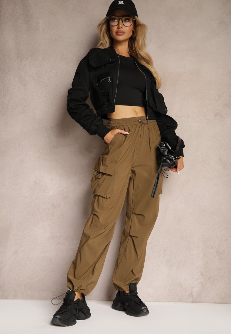 Brązowe Bojówki Spodnie ze Ściągaczami i Gumką w Talii z Kieszeniami po Bokach Laverina