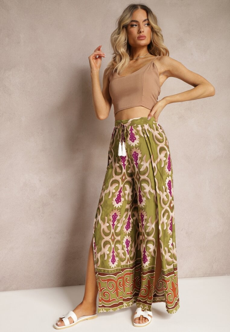 Zielono-Fioletowe Szerokie Spodnie z Wiskozy Ozdobione Wycięciami na Nogawkach i Ornamentalnym Wzorem Giathena