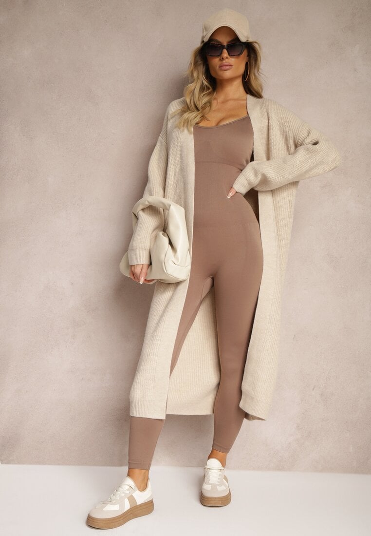 Beżowy Nierozpinany Casualowy Kardigan o Długim Kroju Ozdobiony Ściągaczami Arfilia