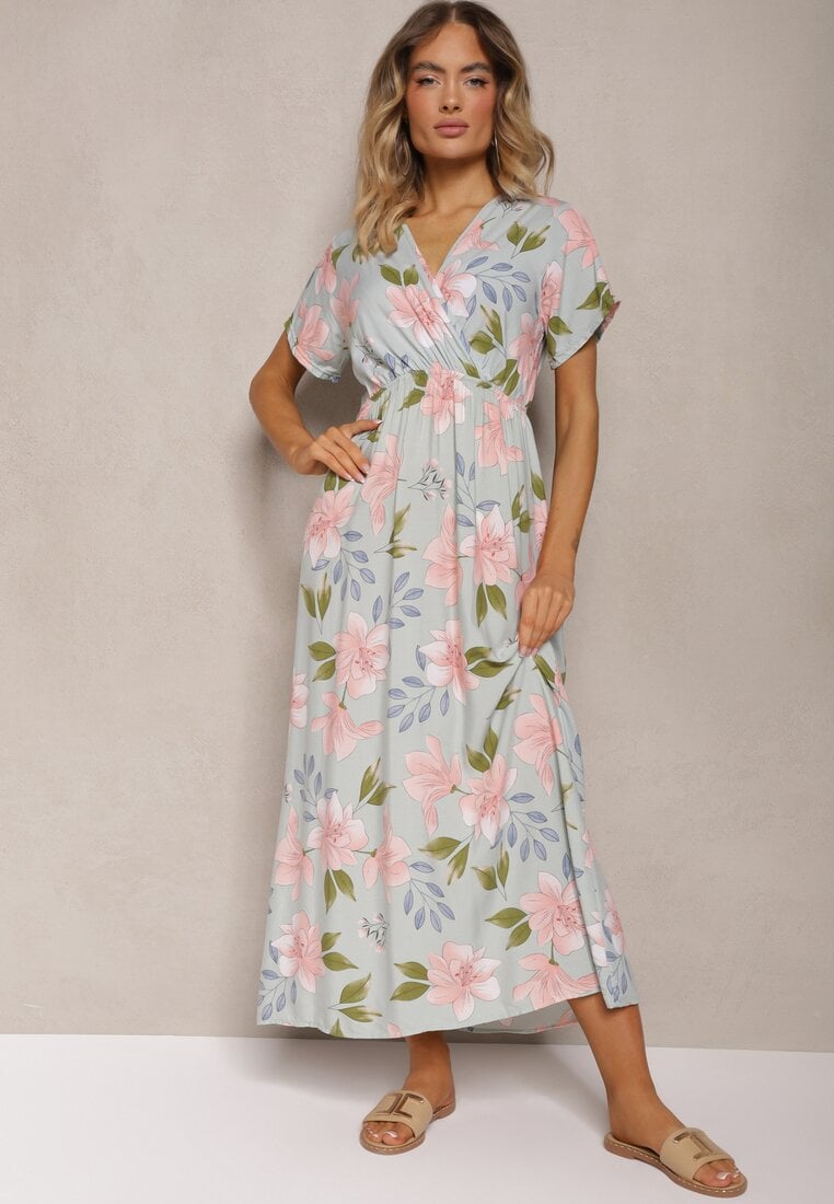 Jasnozielona Taliowana Sukienka w Kwiaty z Dodatkiem Bawełny z Kopertowym Dekoltem Navianes