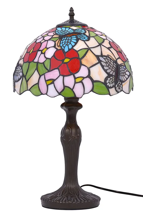 Klasyczna lampa stołowa z witrażowym kwiatowym kloszem - A664 F8-E02