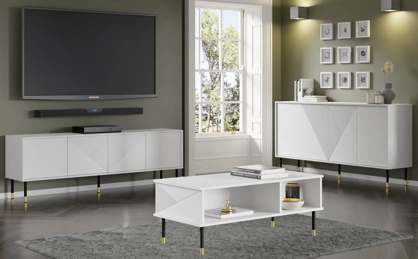 Biały trzyczęściowy zestaw mebli glamour do salonu D0-A59