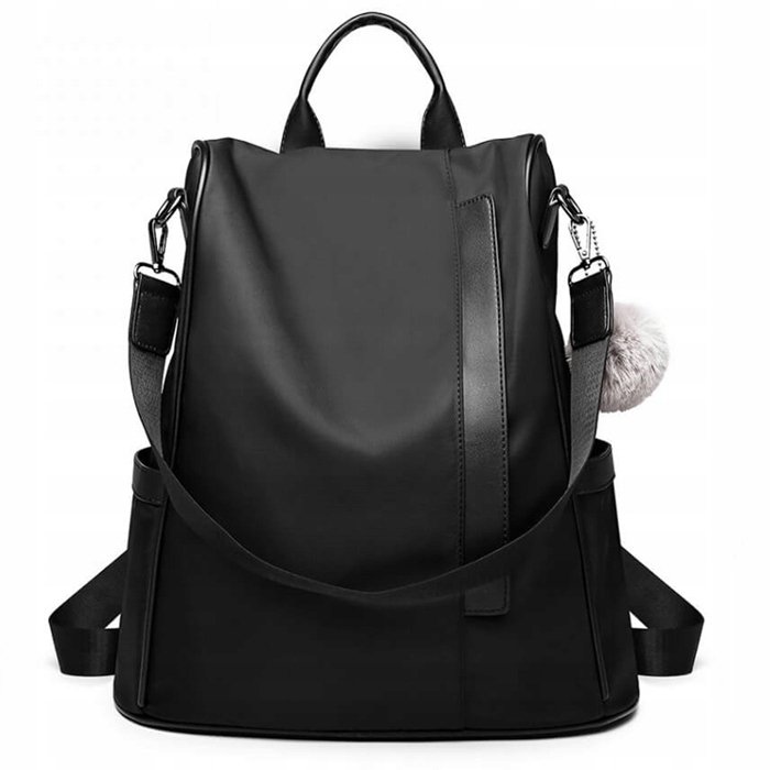 Torebka Plecak 2w1 Elegancki z Pomponem Damski Czarny Skóra Nylon Polini