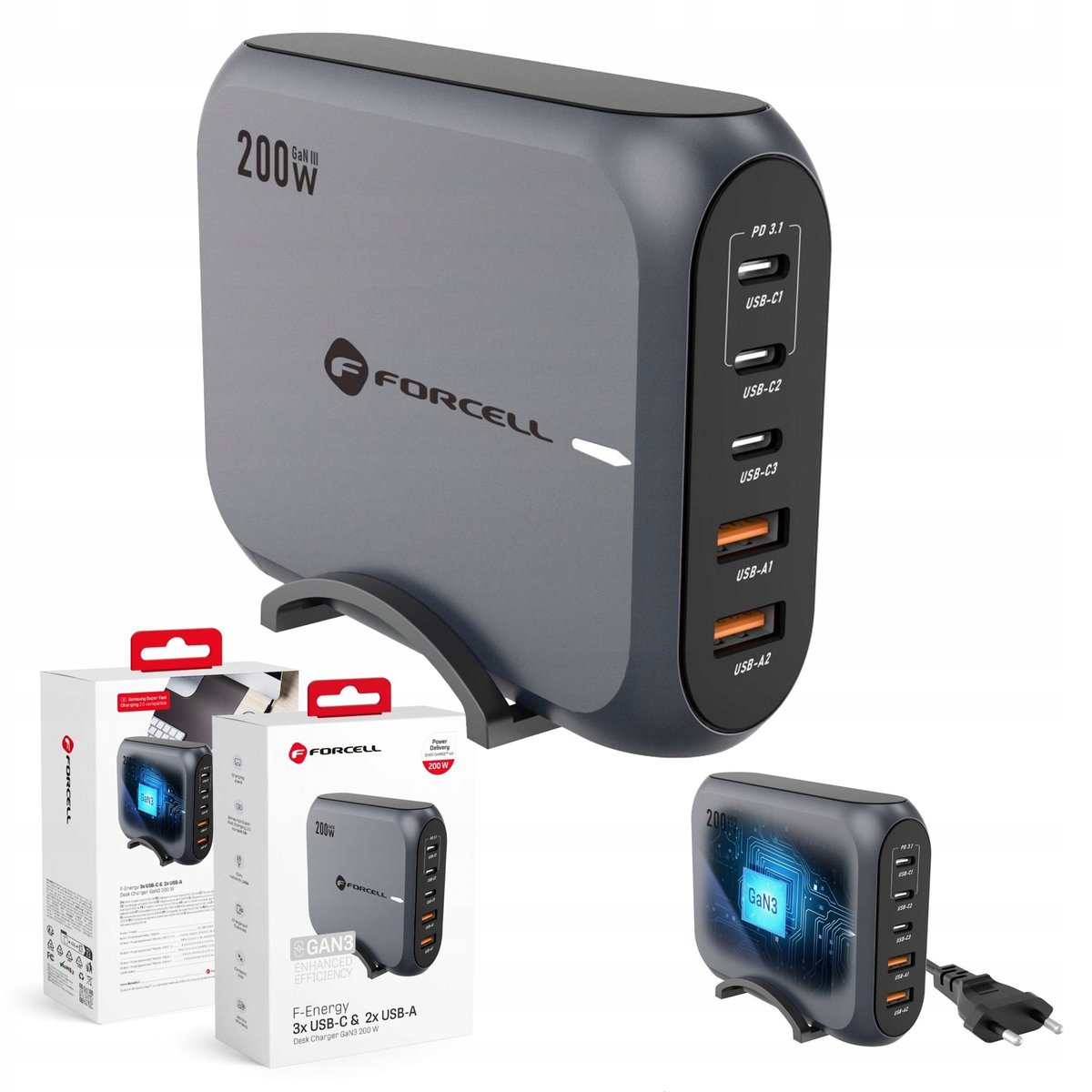 FORCELL ładowarka biurkowa 3 x Typ C + 2 x USB A PD QC4.0 SFC2.0 5A 200W zasilacz stołowy