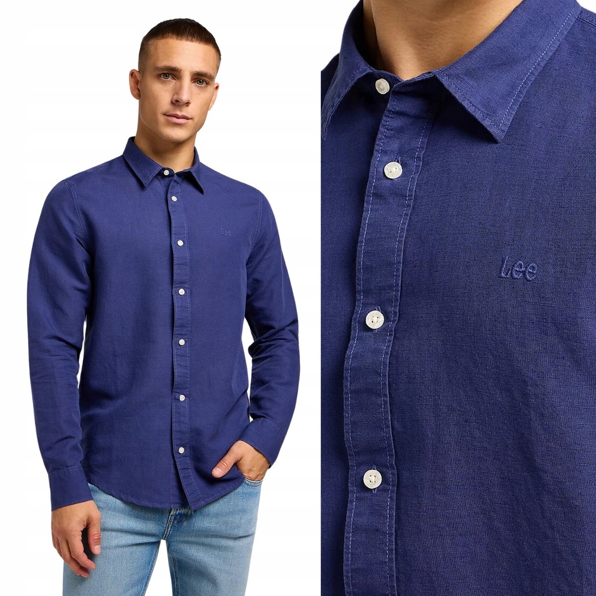 Lee CLEAN LINEN SHIRT Medieval Blue LNIANA GRANATOWA KOSZULA HAFT Z LOGO M
