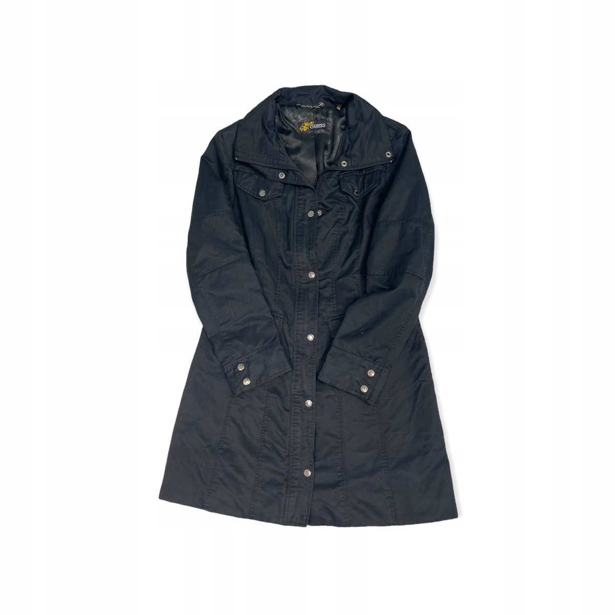 Czarny płaszcz damski rozpinany GUESS logo S/M