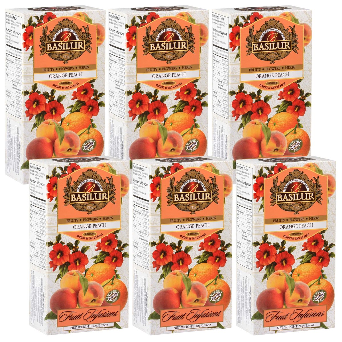 BASILUR Fruit Infusions Owocowa herbata bezkofeinowa z aromatem pomarańczy, brzoskwini i cytryny 25x2g x6
