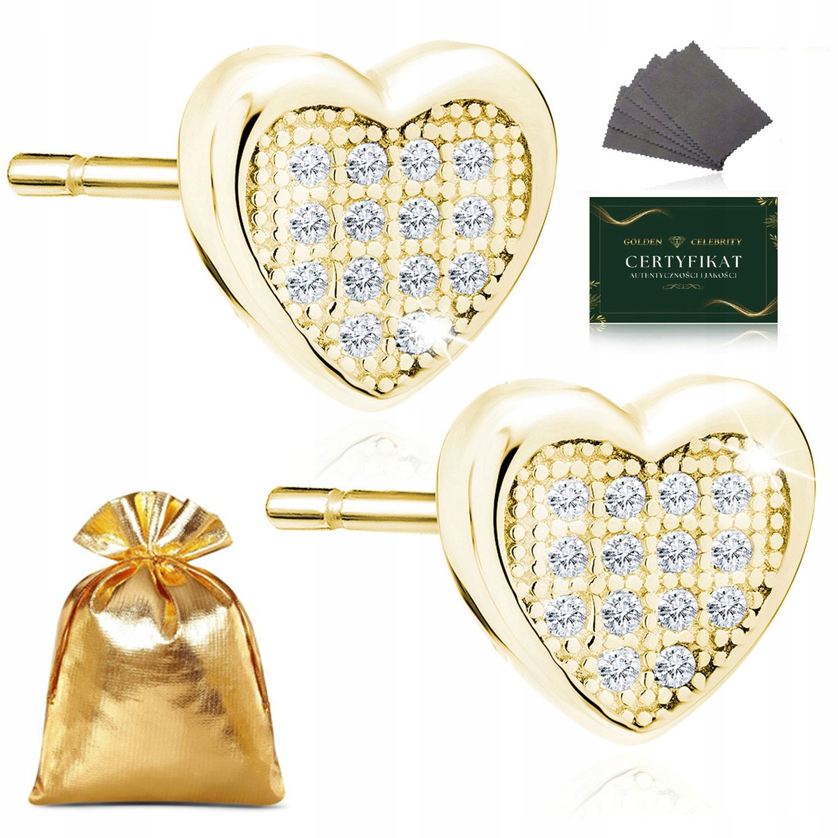 Złote Kolczyki Damskie Serca Z Cyrkoniami Srebro 925 Pozłacane + Certyfikat