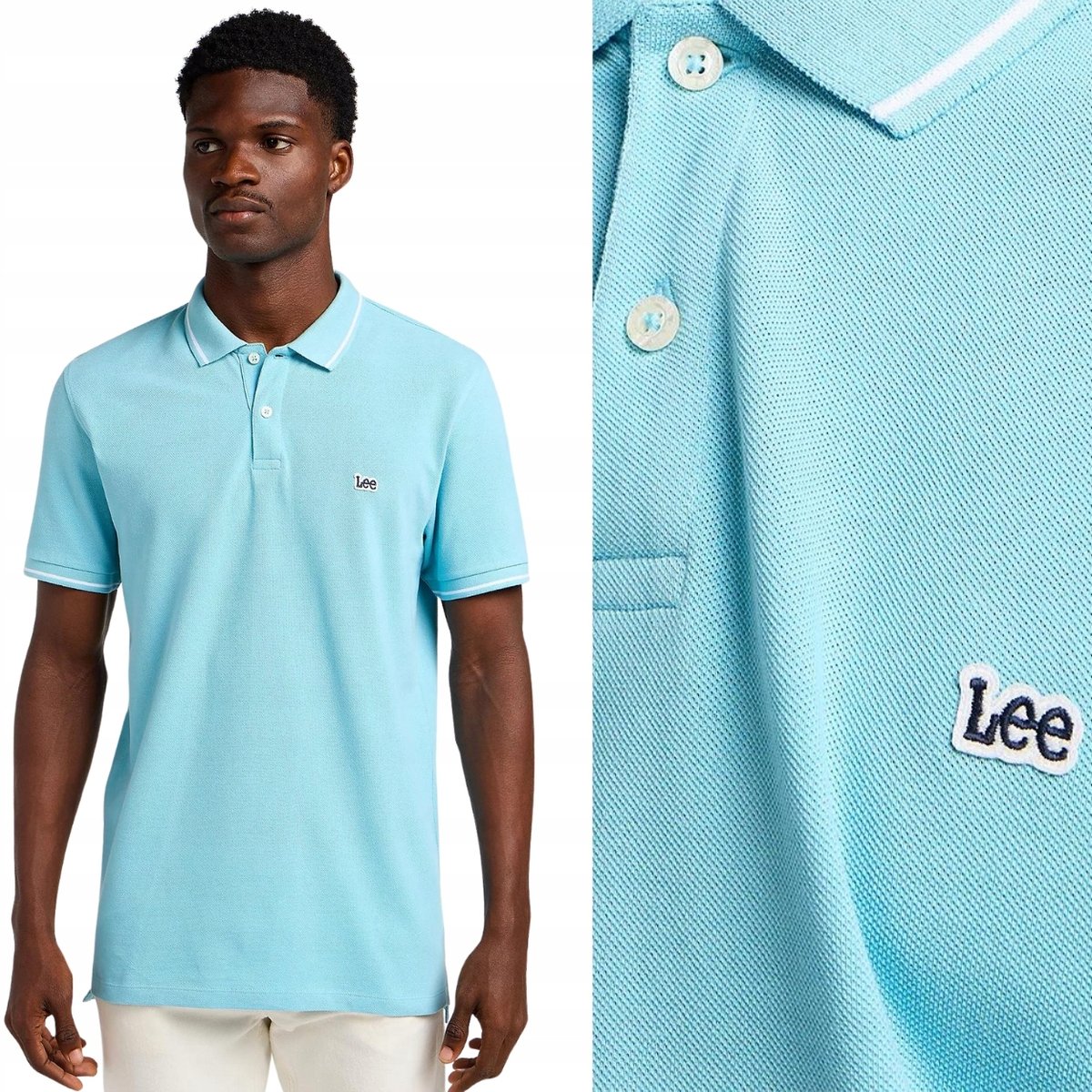 Lee PIQUE POLO Preppy Blue BŁĘKITNA POLÓWKA LOGO BAWEŁNA REGULAR FIT XXL