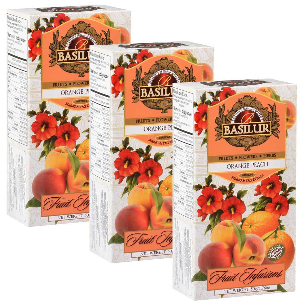 BASILUR Fruit Infusions Owocowa herbata bezkofeinowa z aromatem pomarańczy, brzoskwini i cytryny 25x2g x3