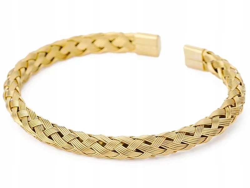 Złota elegancka bransoletka sztywna złocona pleciona bangle unisex modna