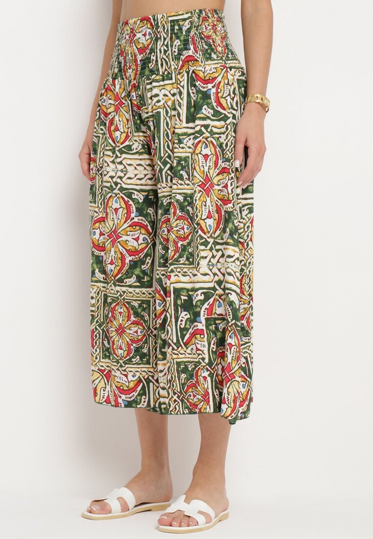 Ciemnozielone Bawełniane Spodnie Culotte z Wysokim Stanem i Gumką w Talii w Boho Stylu Olovia