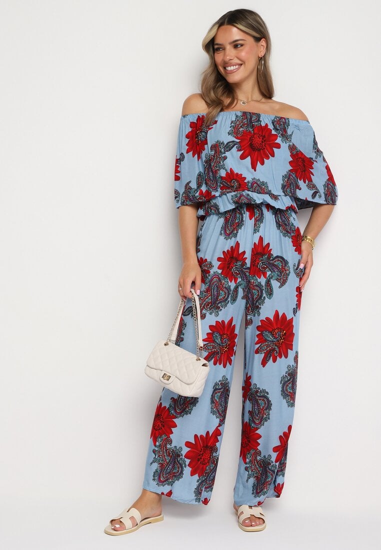 Niebiesko-Czerwony Taliowany Kombinezon z Wiskozy w Kwiaty Nelarra