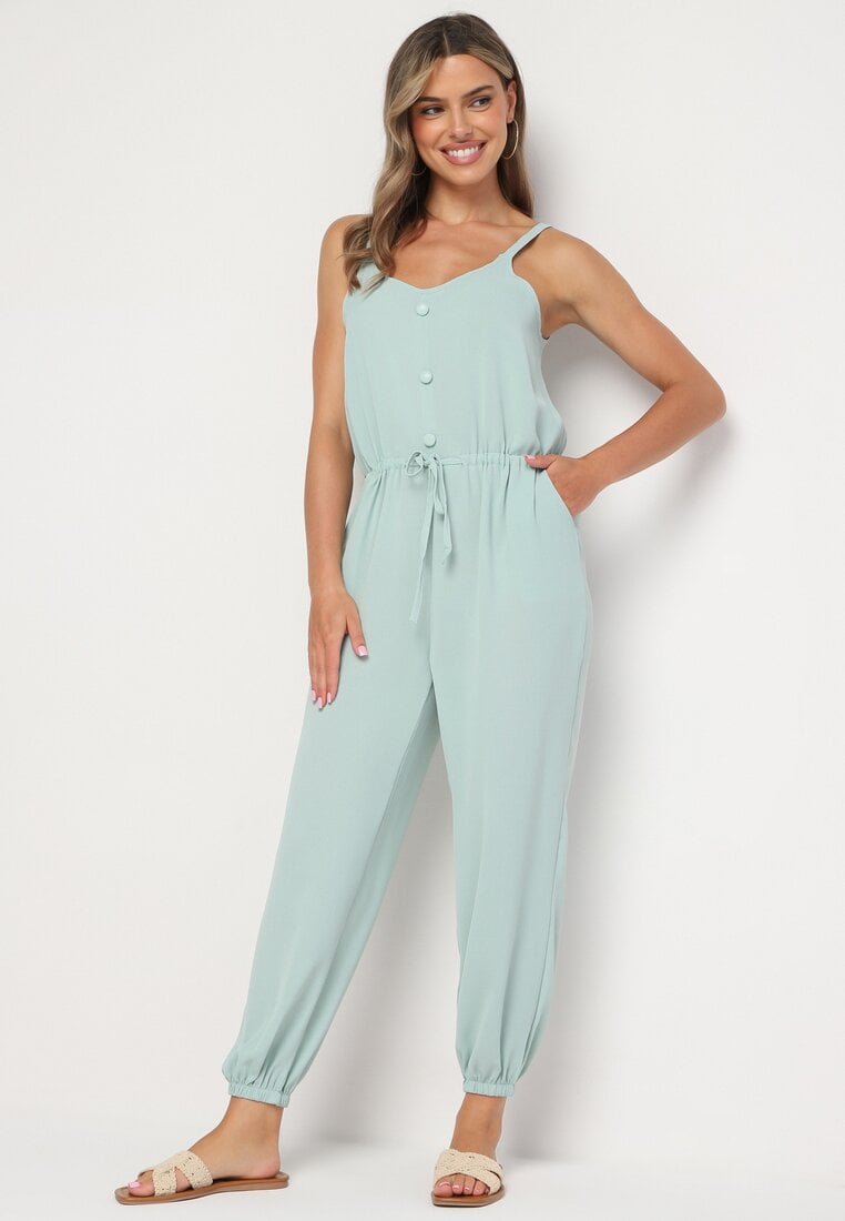 Niebieski Bawełniany Kombinezon na Regulowanych Ramiączkach ze Ściągaczem w Talii Beamla