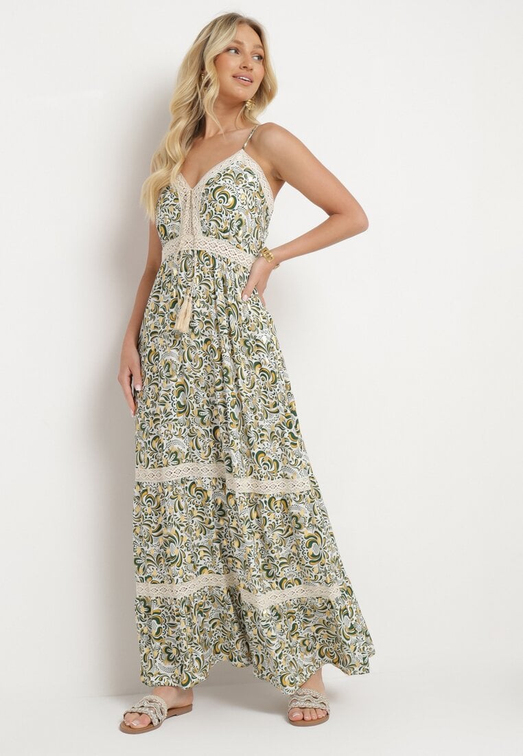 Zielono-Beżowa Rozkloszowana Sukienka z Bawełny na Cienkich Ramiączkach z Gumką w Pasie i Haftem Xuretta