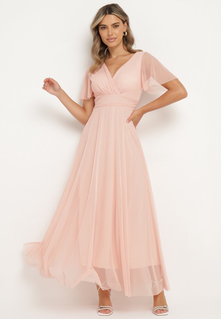 Różowa Kopertowa Rozkloszowana Sukienka z Wiązaniem w Talii Kolea