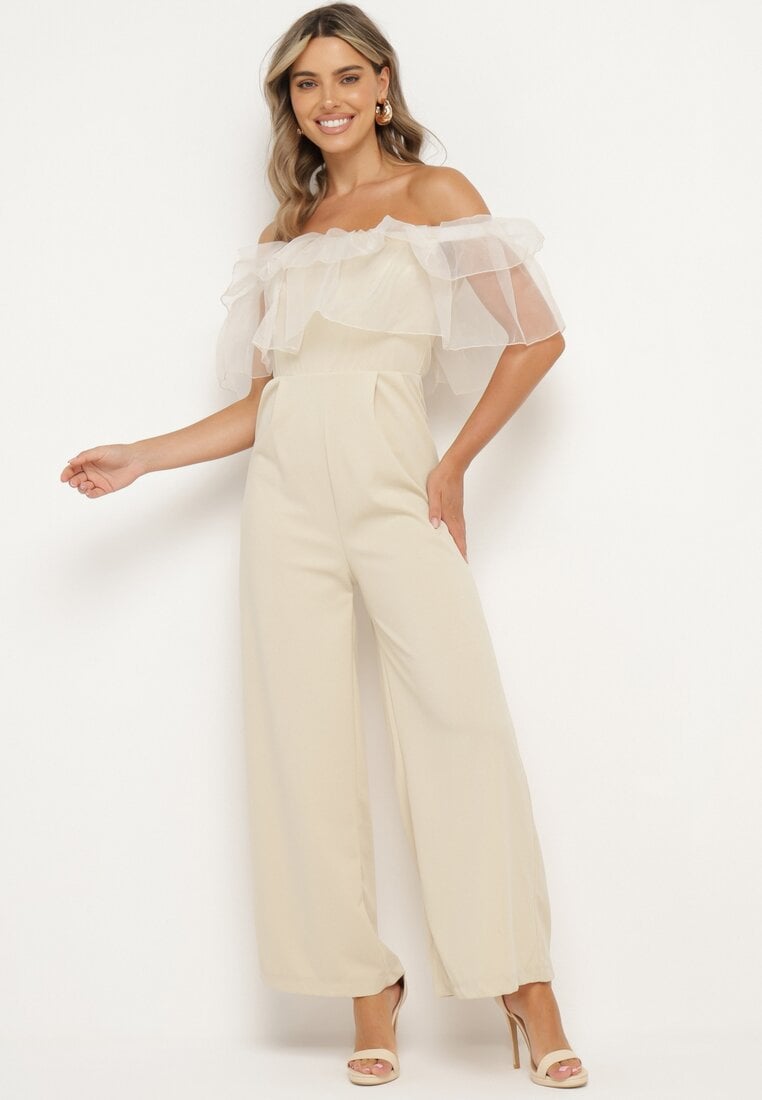 Beżowy Kombinezon bez Rękawów z Dekoltem Ozdobionym Falbanką Tessella