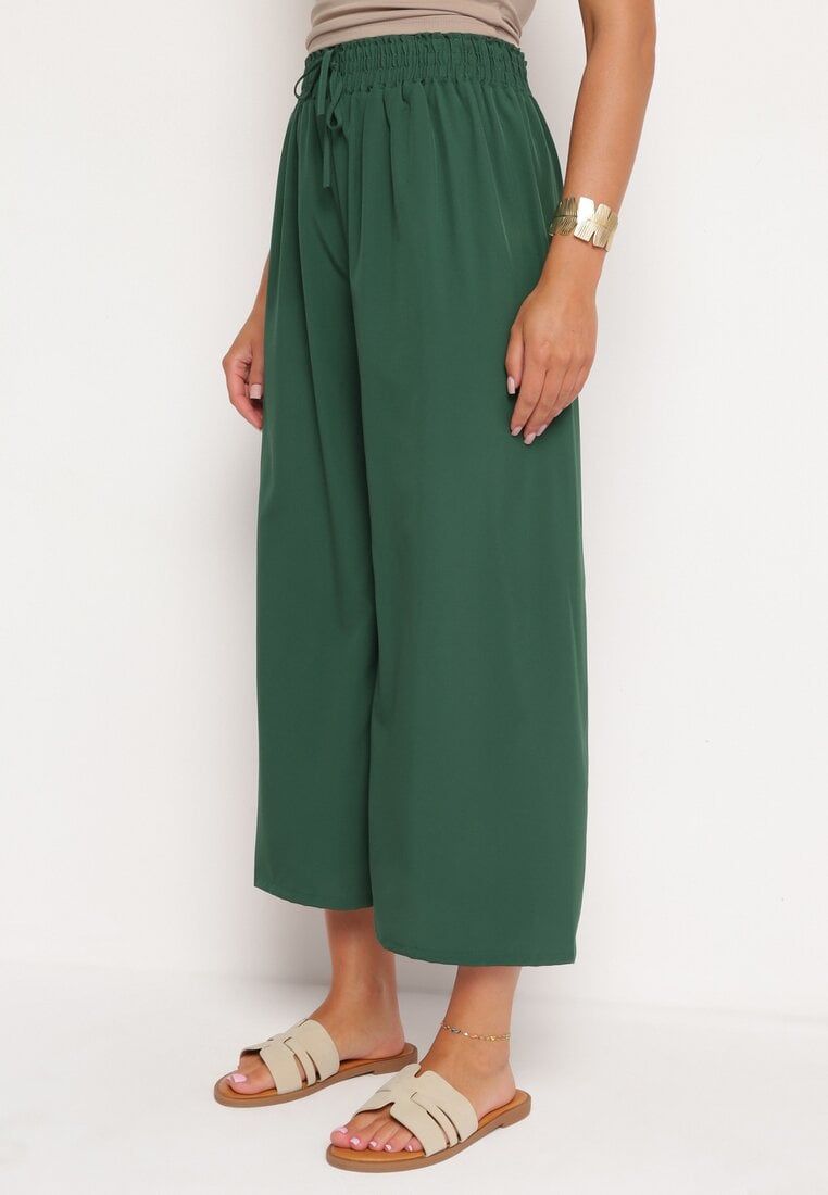 Ciemnozielone Szerokie Spodnie z Wysokim Stanem Wiskozą i Gumką w Pasie Criseldas