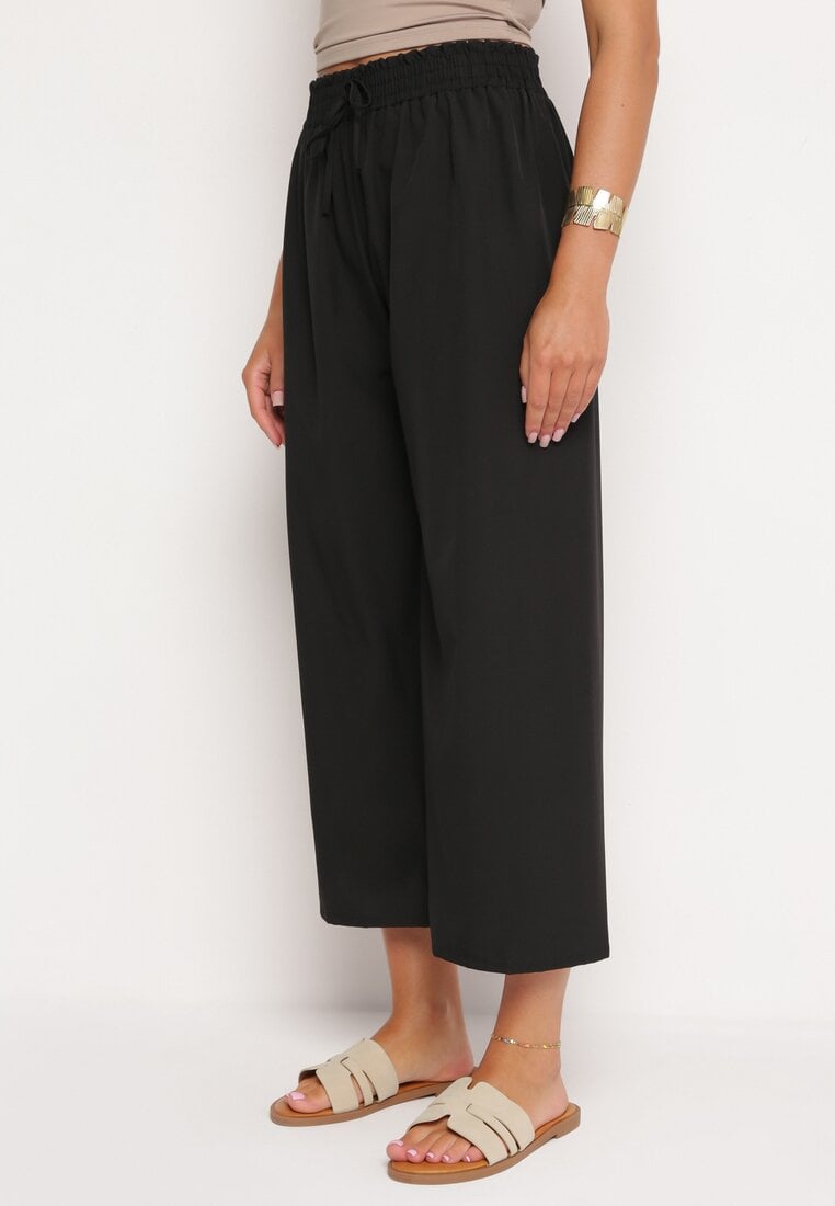 Czarne Szerokie Spodnie z Wysokim Stanem Wiskozą i Gumką w Pasie Criseldas
