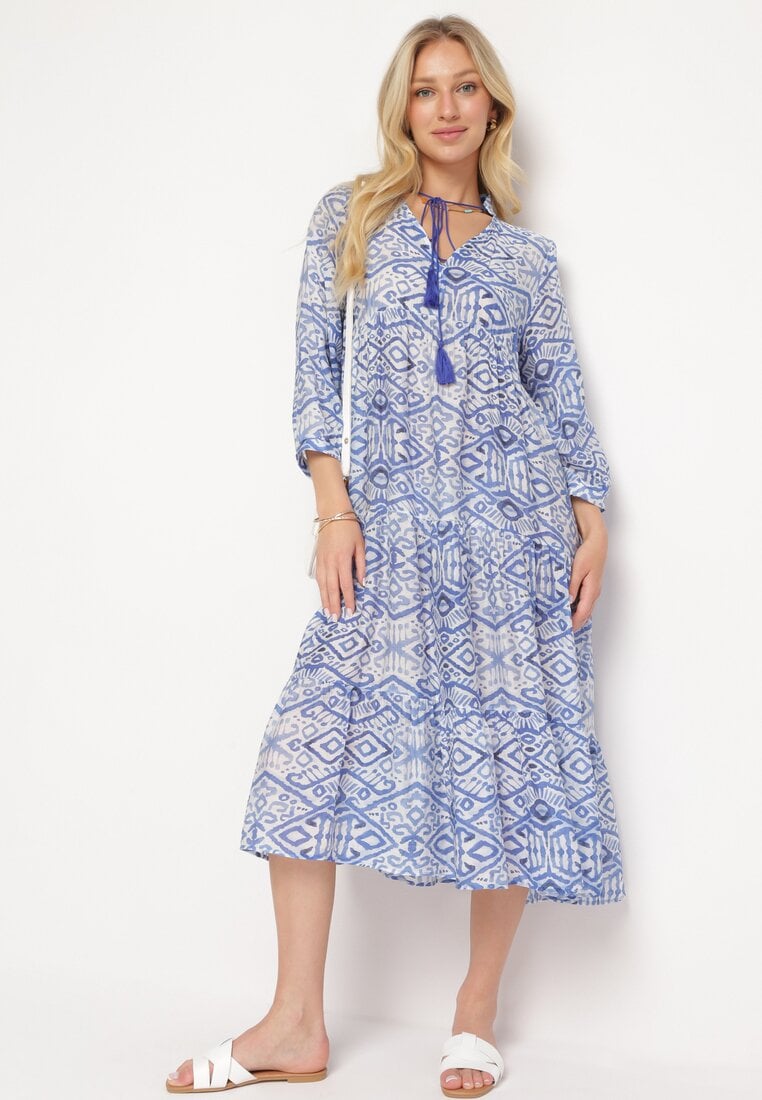 Niebieska Rozkloszowana Sukienka w Stylu Boho Wiązana przy Dekolcie z Falbankami Dimasia